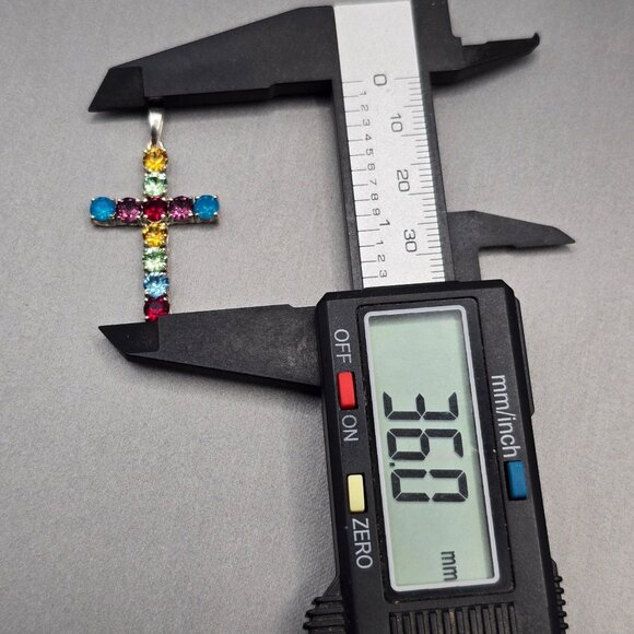 Vintage Sterling Silver Multicolored Rhinestone Crystal Cross Pendant Statement - Picture 7 of 10